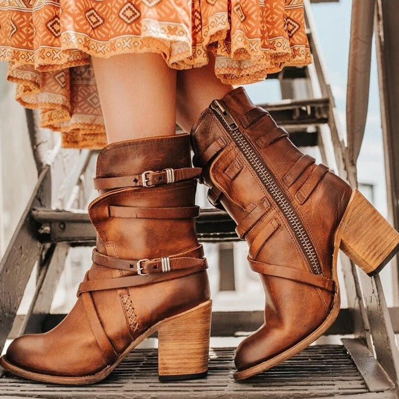 Elizabeth | Edgy Leather Cowboy Ankle Boots with Buckle Straps