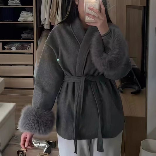 Sophia | Women's Elegant Wool Jacket with Belt and Plush Trim