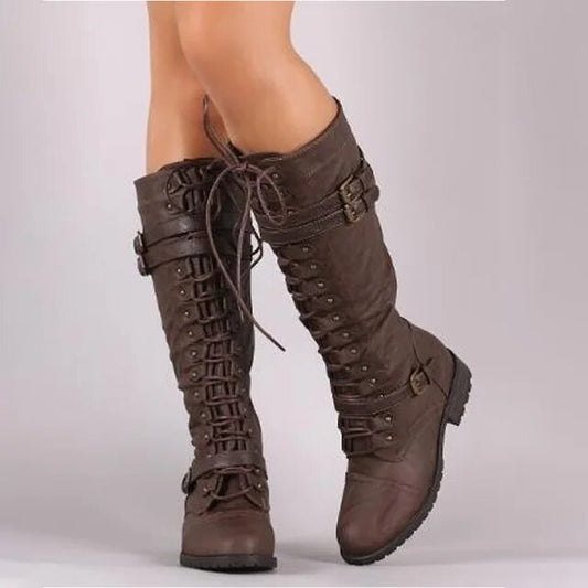 Hannah | Women's Rugged Trendy Knee-high Boots with Lacing and Buckles