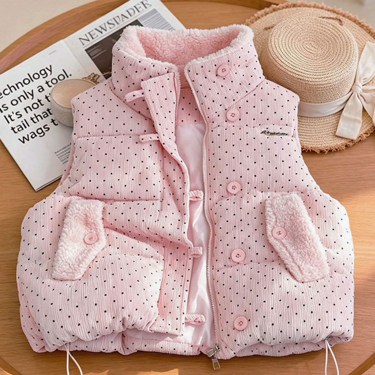 Belphoebe | Women's Dotted Quilted Vest with Teddy Lining and Stand-Up Collar