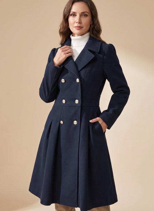Ellie | Women's Tailored Double-breasted Flared Wool Coat with Pockets