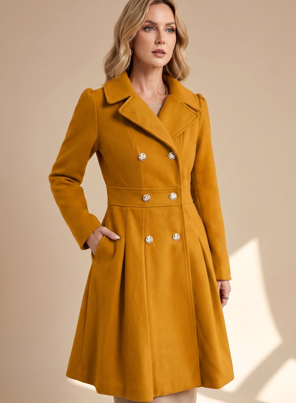 Ellie | Women's Tailored Double-breasted Flared Wool Coat with Pockets
