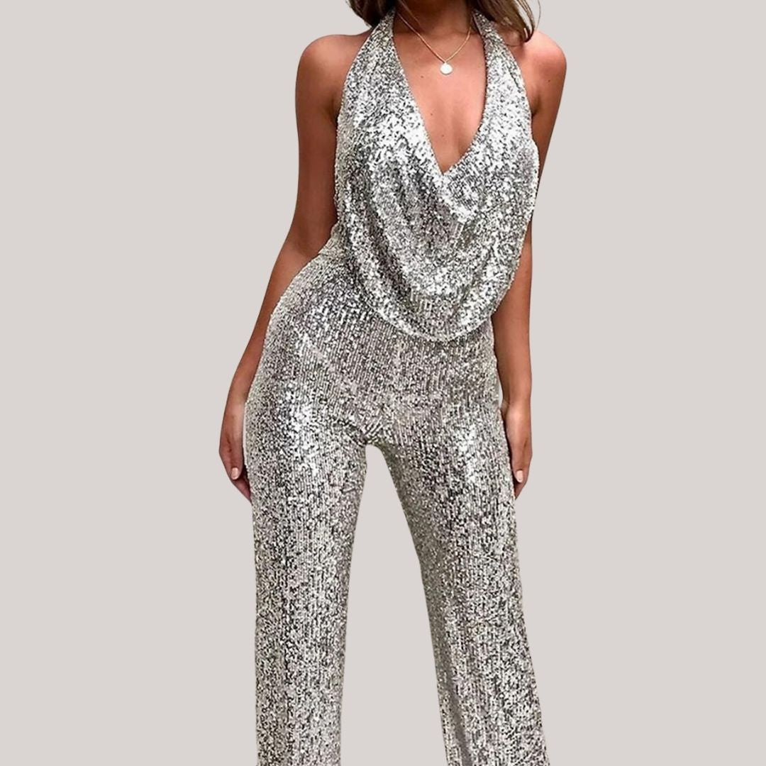Skylar | Women's Glitter Halter Jumpsuit for Evening Wear