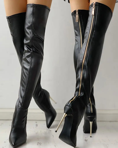 Charlotte | Women's Overknee Boots with Golden Heel and Zipper Detail