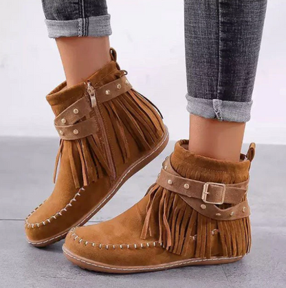Harper | Stylish Suede Fringe Ankle Boots with Buckle