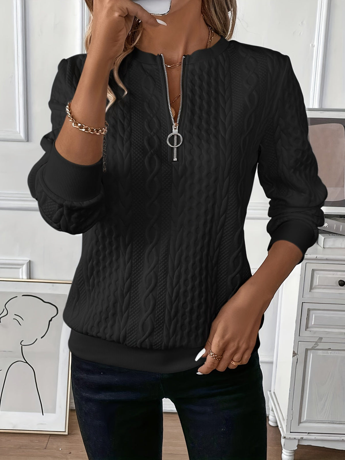 Karen | Modern Cable Knit Sweater with Zip-Up Neck