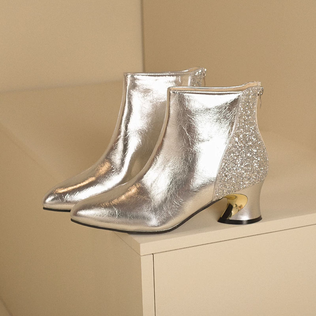 Emily | Modern Silver Metallic Ankle Boots with Glitter Detail