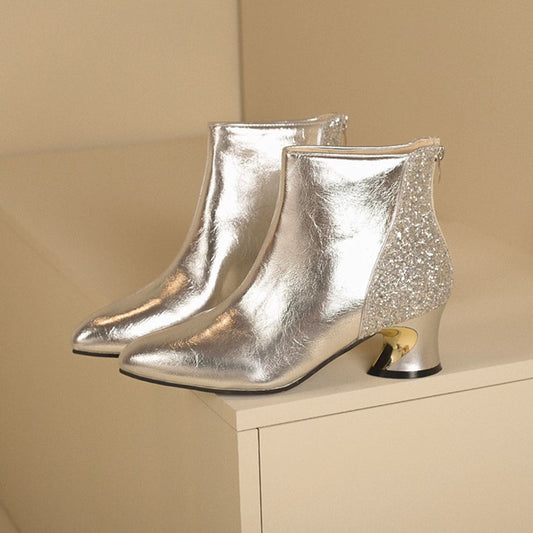 Emily | Modern Silver Metallic Ankle Boots with Glitter Detail