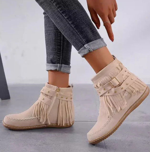 Harper | Stylish Suede Fringe Ankle Boots with Buckle