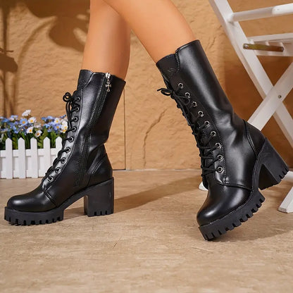 Lily | Women's Black Combat Knee-high Boots with Chunky Heel and Laces