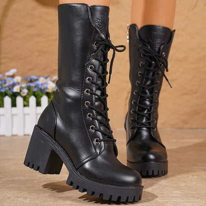 Lily | Women's Black Combat Knee-high Boots with Chunky Heel and Laces