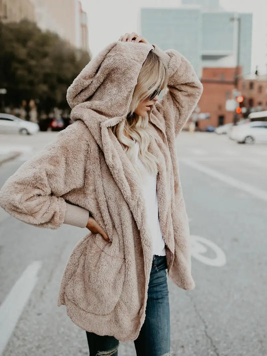 Evelyn | Fluffy Knitted Hooded Jacket with Open Front