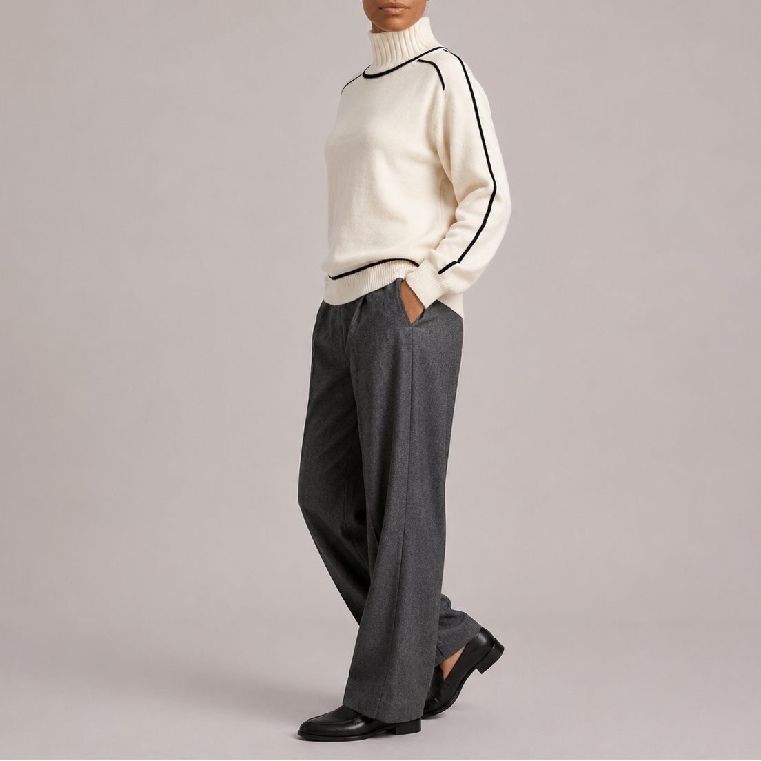 Odelia | Women's Contrast Trim Sweater with High Neck and Ribbed Hem