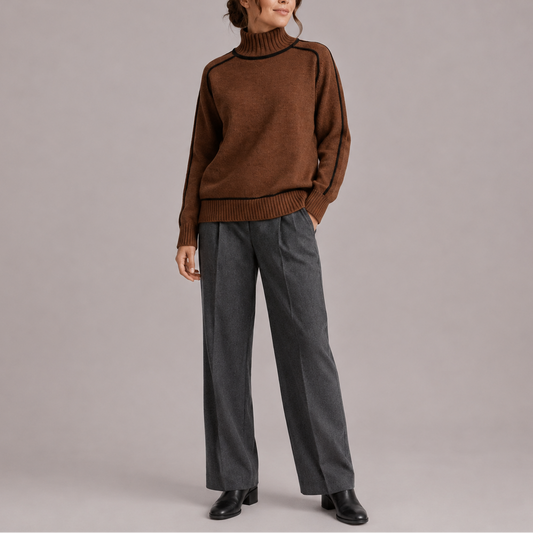 Odelia | Women's Contrast Trim Sweater with High Neck and Ribbed Hem