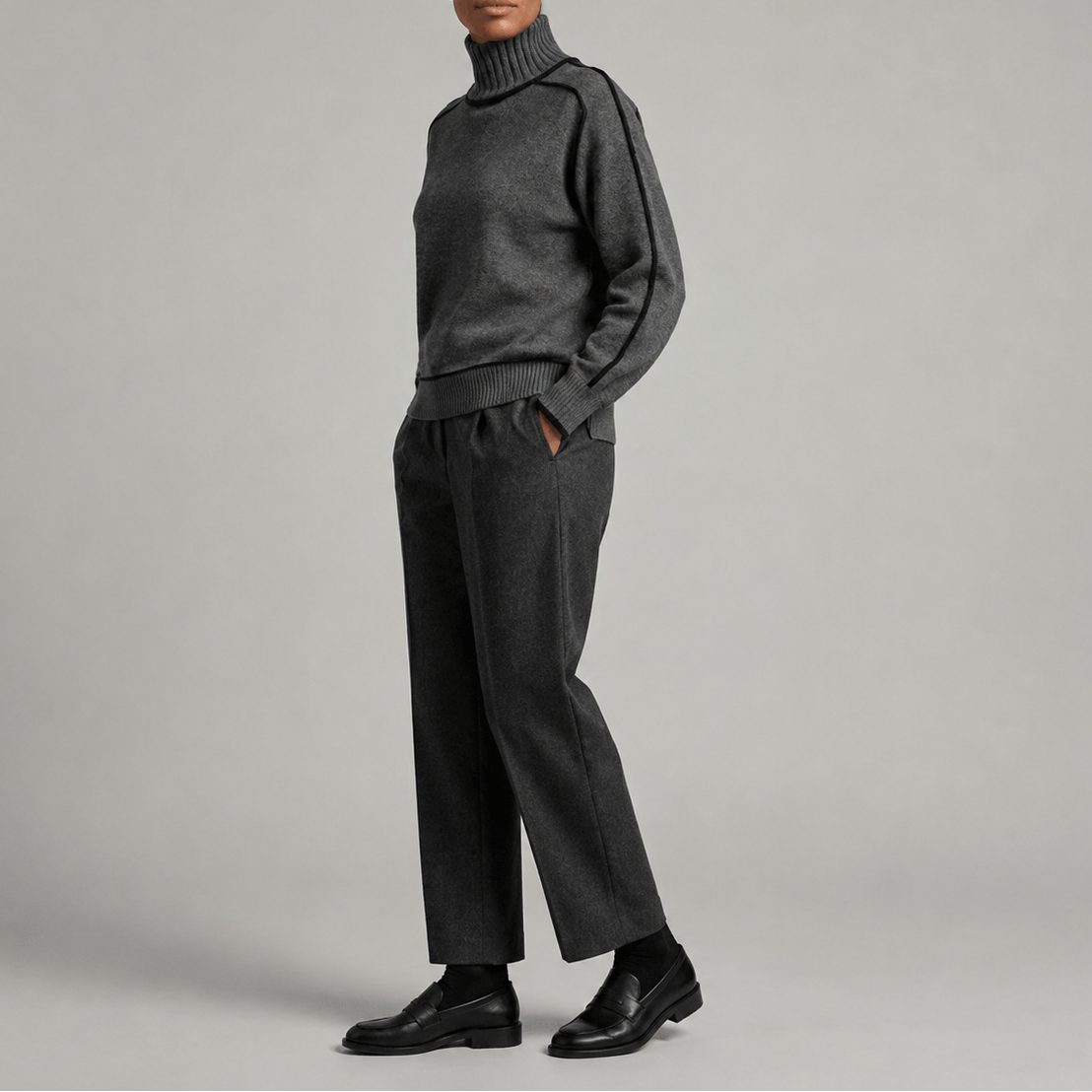 Odelia | Women's Contrast Trim Sweater with High Neck and Ribbed Hem