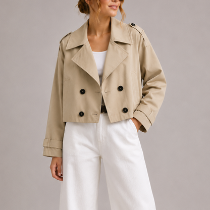 Ismenia | Women's Short Trench Jacket with Belted Cuffs and Button Closure