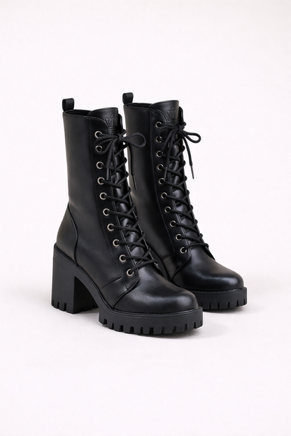 Lily | Women's Black Combat Knee-high Boots with Chunky Heel and Laces