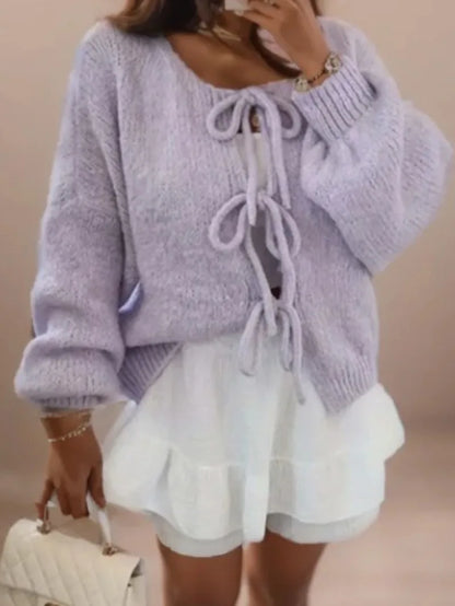 Violet | Knit Cardigan with Bow Closure and Bohemian Style