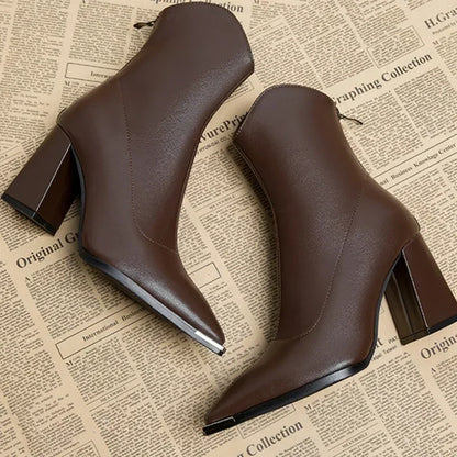 Avery | Leather Ankle Boots with Pointed Toe and Block Heel