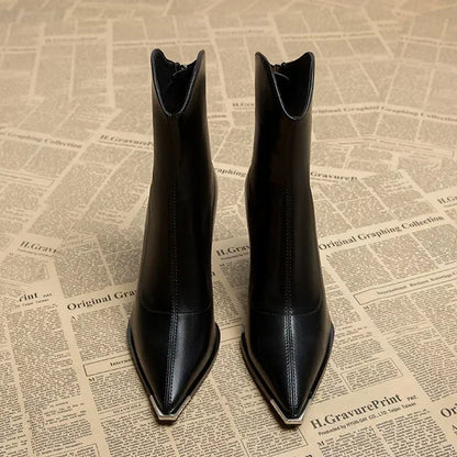 Avery | Leather Ankle Boots with Pointed Toe and Block Heel
