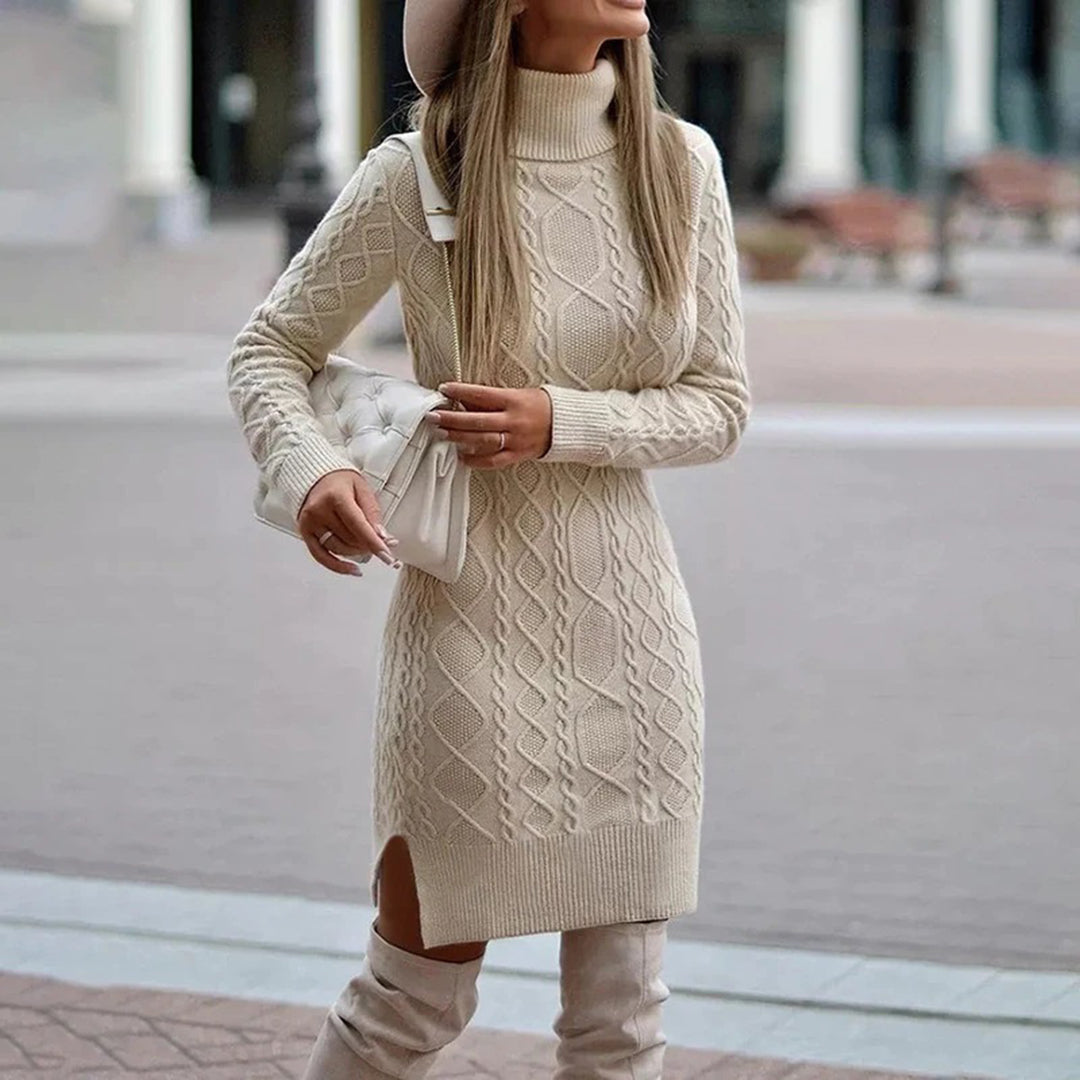 Pauline | Women's Fitted Cable Knit Dress with Turtleneck