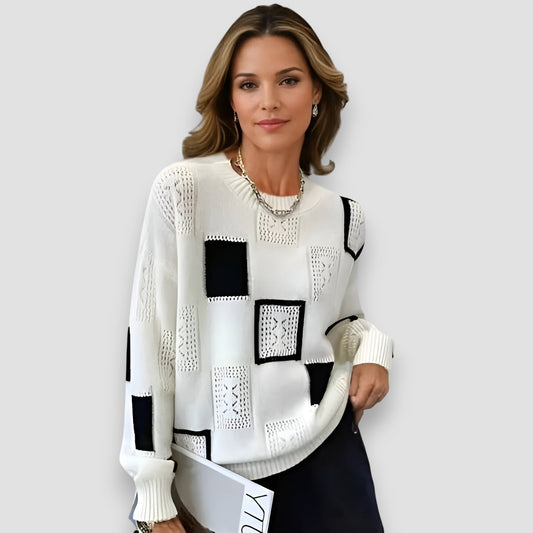 Amanda | Elegant Squares Knit Sweater with Crewneck