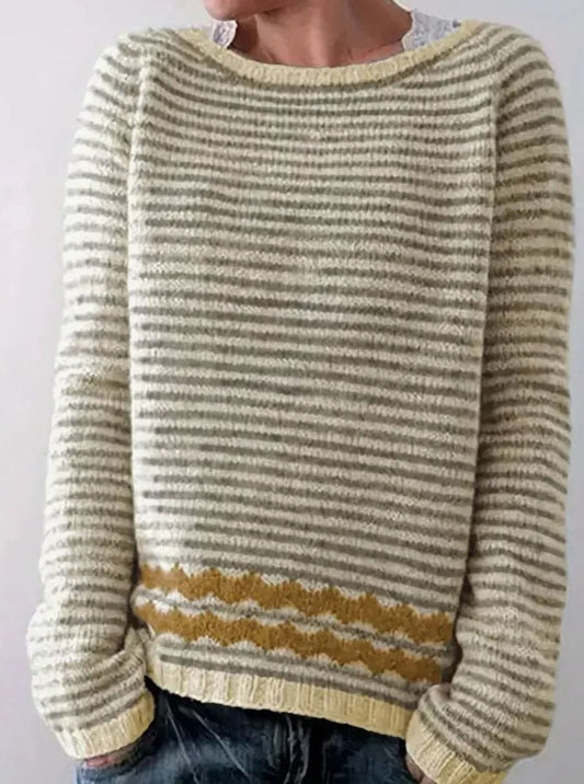 Eleanor | Women's Striped Round Neck Knit Sweater with Wavy Pattern