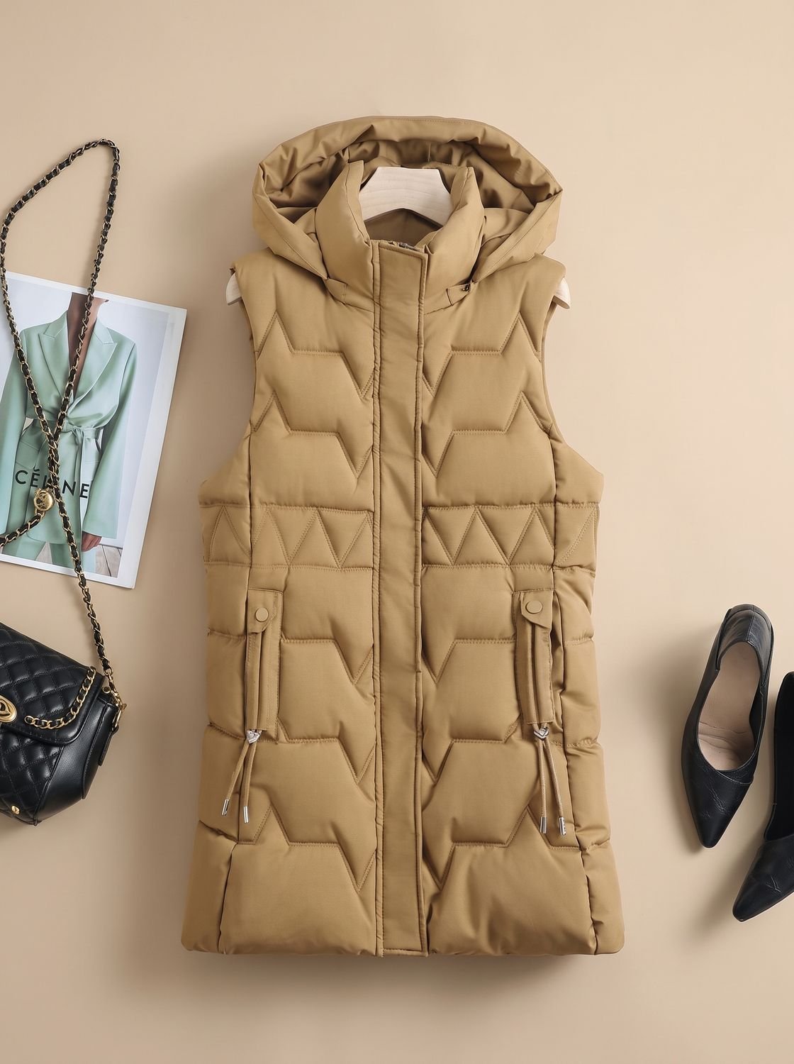 Etheldreda | Women's Long Puffer Vest with Hood and Fitted Waist