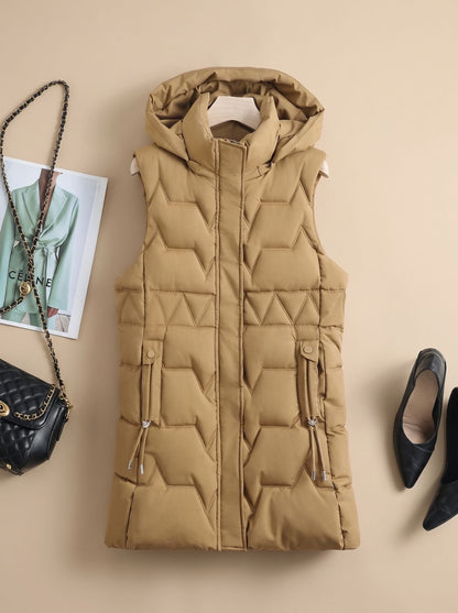 Etheldreda | Women's Long Puffer Vest with Hood and Fitted Waist