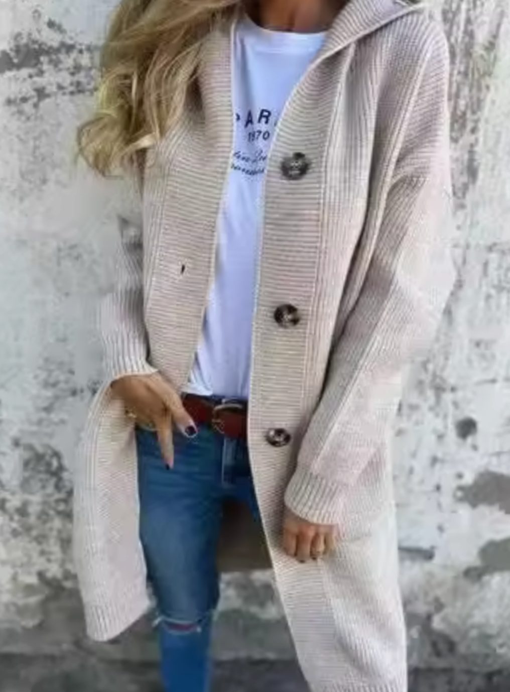 Emilia | Women's Long Hooded Knit Coat with Button Placket