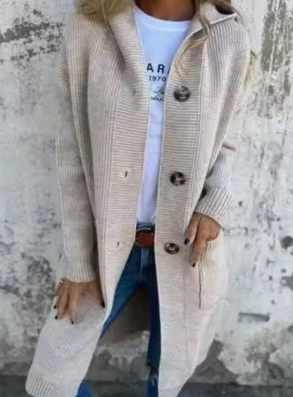 Emilia | Women's Long Hooded Knit Coat with Button Placket