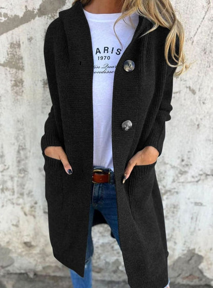 Emilia | Women's Long Hooded Knit Coat with Button Placket