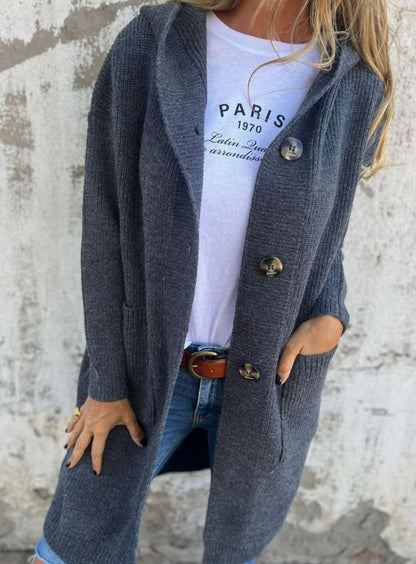 Emilia | Women's Long Hooded Knit Coat with Button Placket