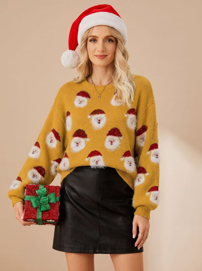 Melisande | Women's Long Sleeve Christmas Sweater with Oversized Santa Claus Print