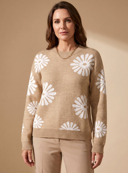 Natalie | Women's Loose Fit Knit Pullover with Floral Print and Long Sleeve
