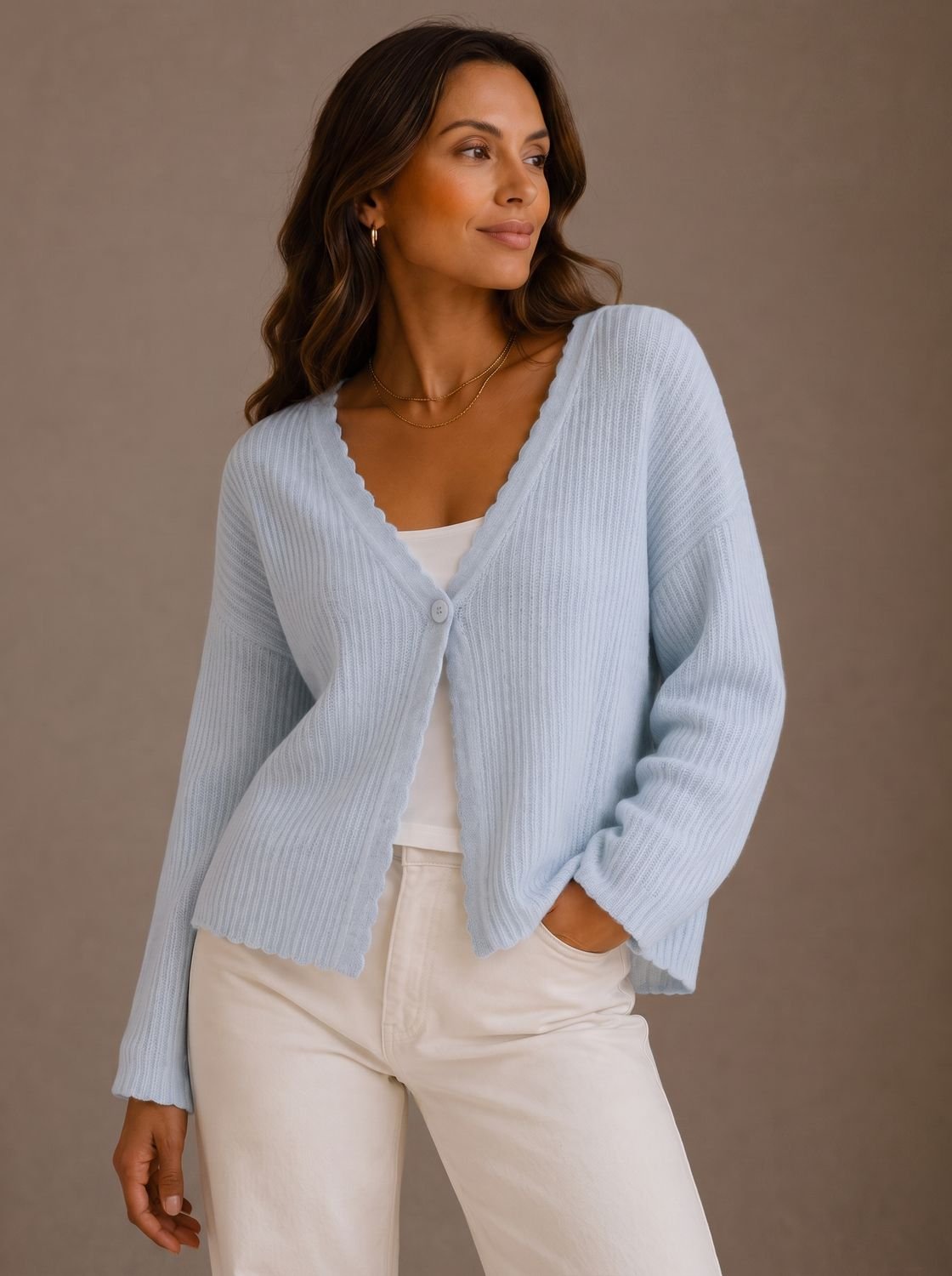 Theodosia | Women's Knit Cardigan with V-Neck and Scalloped Edge