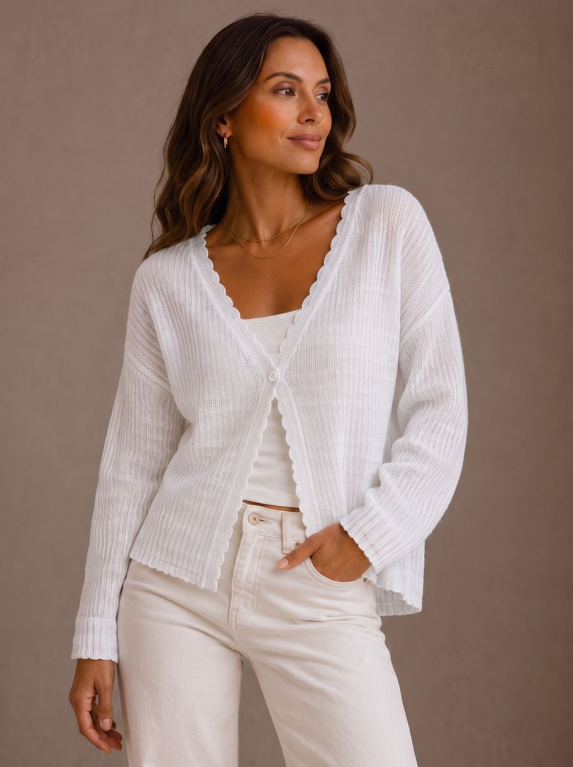 Theodosia | Women's Knit Cardigan with V-Neck and Scalloped Edge