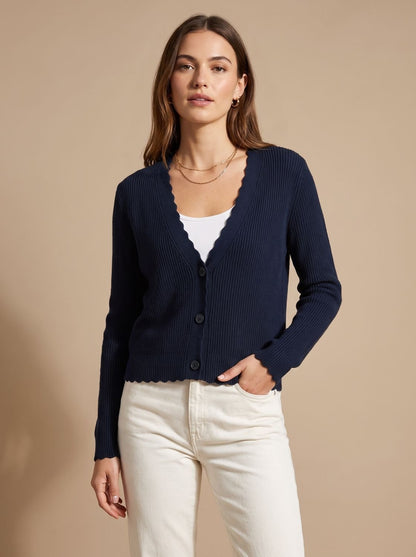 Theodosia | Women's Knit Cardigan with V-Neck and Scalloped Edge