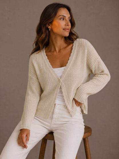 Theodosia | Women's Knit Cardigan with V-Neck and Scalloped Edge