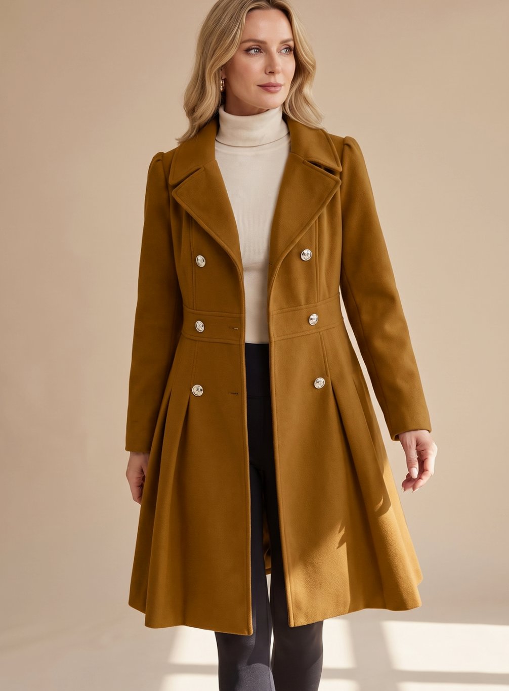 Ellie | Women's Tailored Double-breasted Flared Wool Coat with Pockets