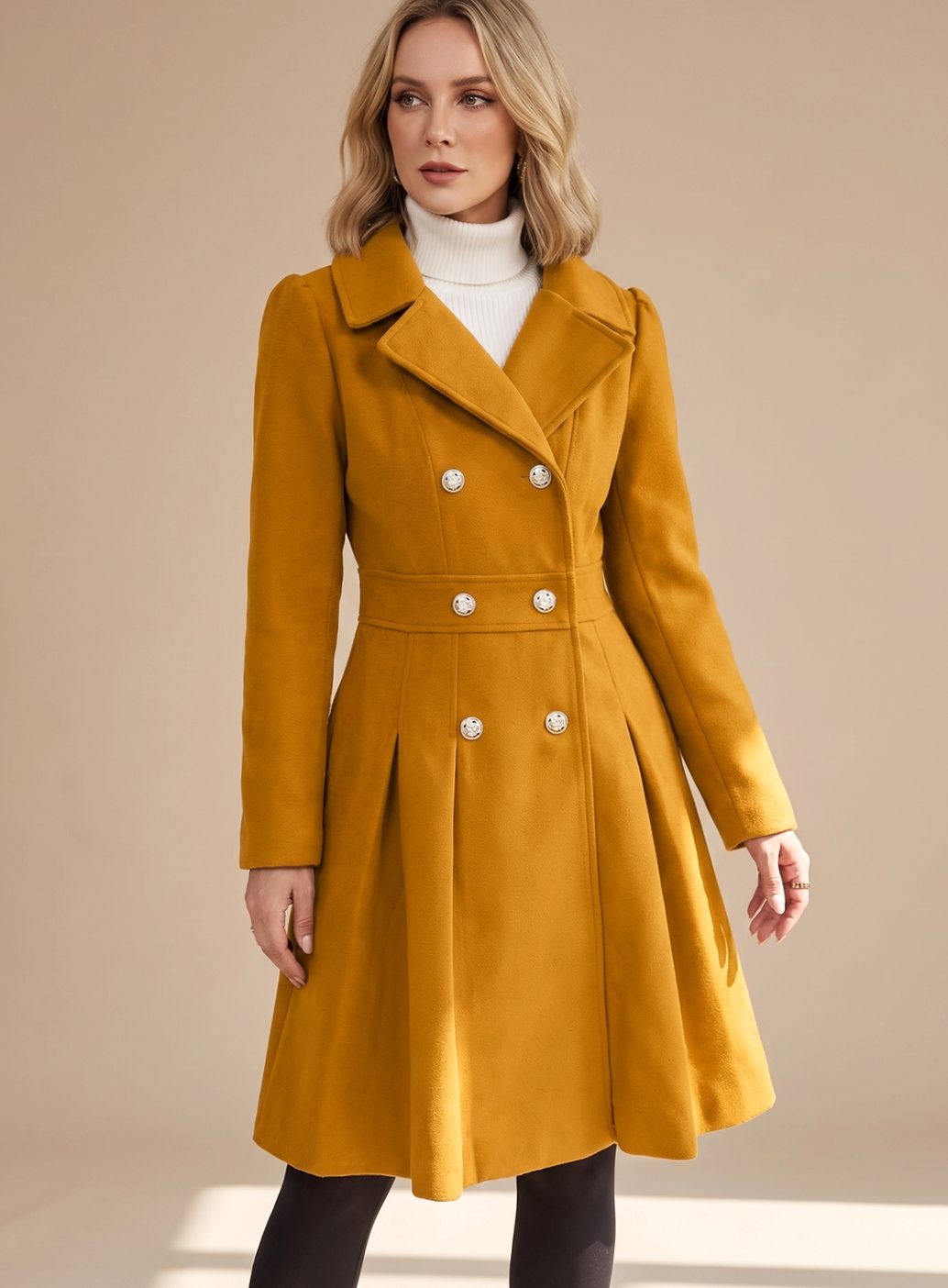 Ellie | Women's Tailored Double-breasted Flared Wool Coat with Pockets