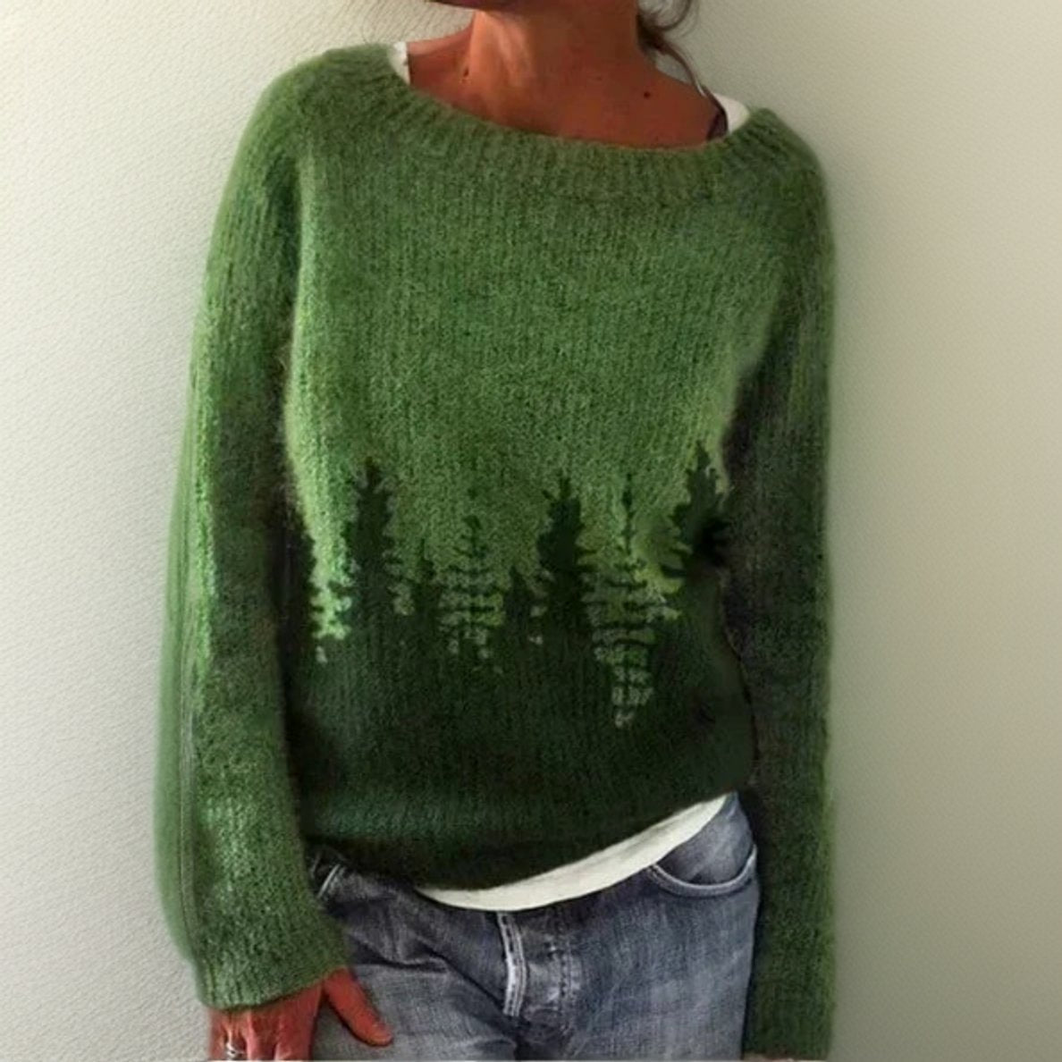 Calpurnia | Women's Crew Neck Oversized Forest Print Sweater