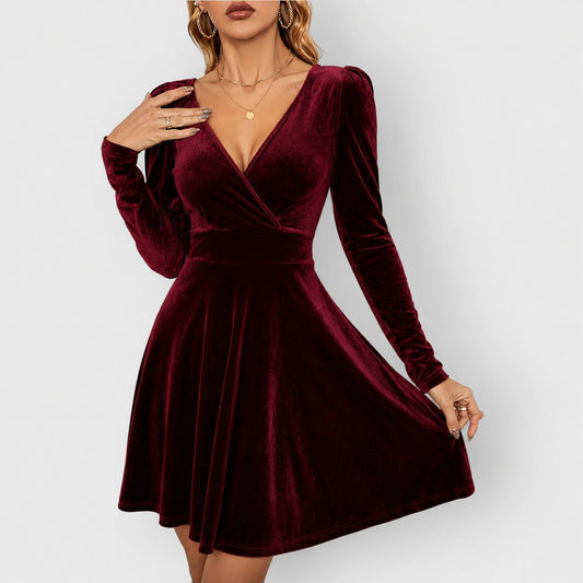 Antonina | Women's Long-Sleeve Velvet Skater Dress with V-Neck for Parties